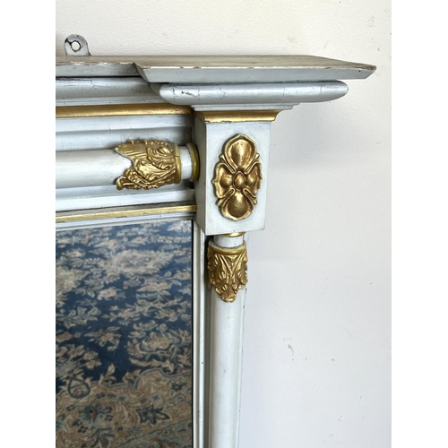 254 - Later grey painted 19th century triple plate  overmantel mirror, with gilt detail, W148cm H75cm