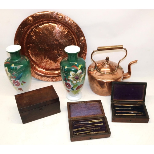 311 - Two mahogany cased writing instrument sets, mahogany tea caddy, copper charger, copper kettle, and t... 