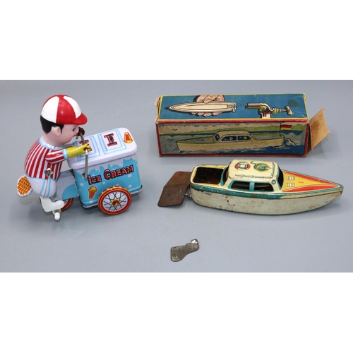 589 - Vintage German tin plate candle/steam powered motor boat, L12cm, with box; and a modern tin plate ic... 