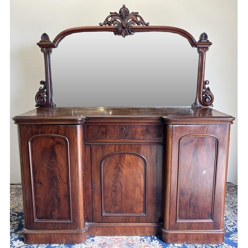 598 - Victorian mahogany inverted breakfront three door sideboard, mirror back with carved cresting, W155c... 