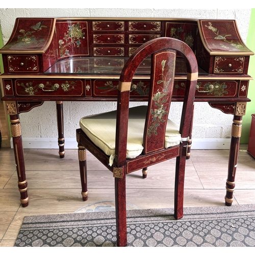 621 - Modern Chinese red lacquered glass topped Carlton House desk and matching chair, painted with chrysa... 