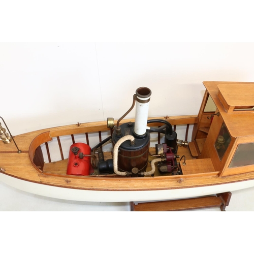 594 - Large steam powered inland pleasure cruiser yacht/model boat, plastic hull, wooden structure, engine... 