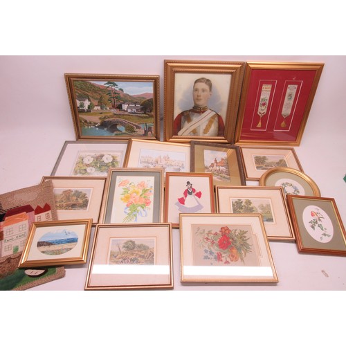 332 - Collection of framed pictures incl, embroidery, watercolour and textiles of flowers, people and land... 