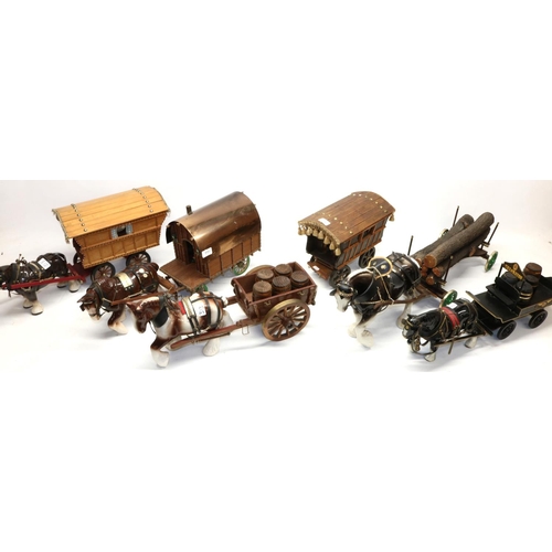 313 - Collection of ceramic heavy horses with various carts incl. beer barrels, gypsy caravans, etc. (6 ca... 