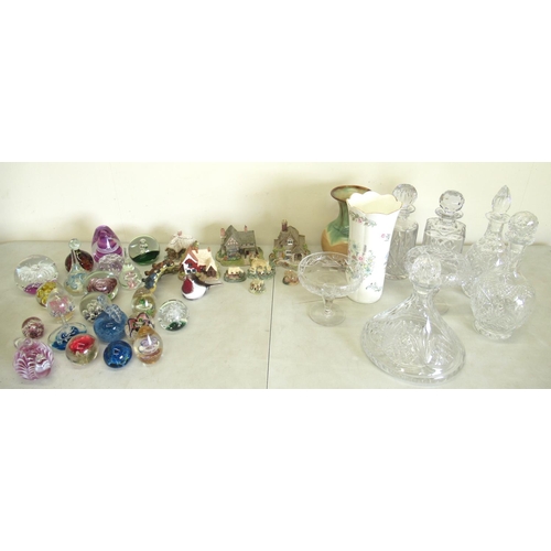 693 - Collection of paperweights incl. a Mdina example; cut glass decanters; Wedgwood jasperware; Lilliput... 