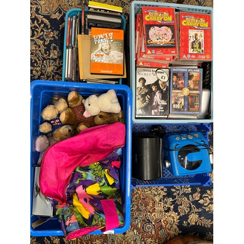 740 - Various DVDs, CDs, DVD player, soft toys, etc. (4 boxes)