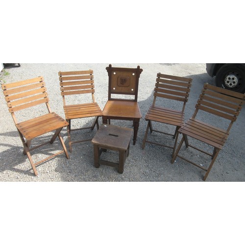 290 - Victorian oak hall chair, set of four folding garden chairs and a pine stool (6)