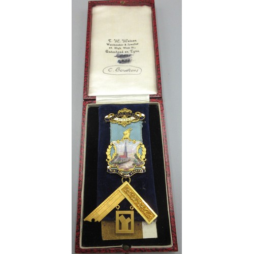 441 - 9ct yellow gold masonic medal for Gateshead Fell Lodge, with enamel decoration on blue ribbon, stamp... 