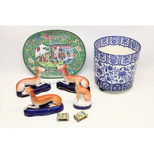 447 - Minton cache pot H21cm A/F, three Staffordshire greyhound inkwells and similar figure, and three pie... 