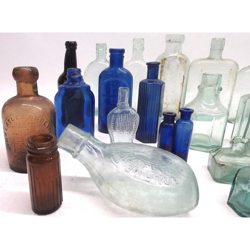 904 - Collection of glass bottles incl, green, blue and amber ribbed poison bottles, dimpled 'hedgehog' be... 