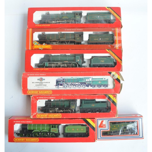 13 - Seven boxed previously run OO gauge electric steam train models, mostly Hornby to include Hornby R34... 