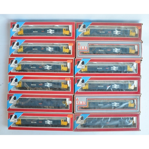 23 - Twelve previously run boxed OO gauge electric diesel Class 50 locomotive train models from Lima, mos... 