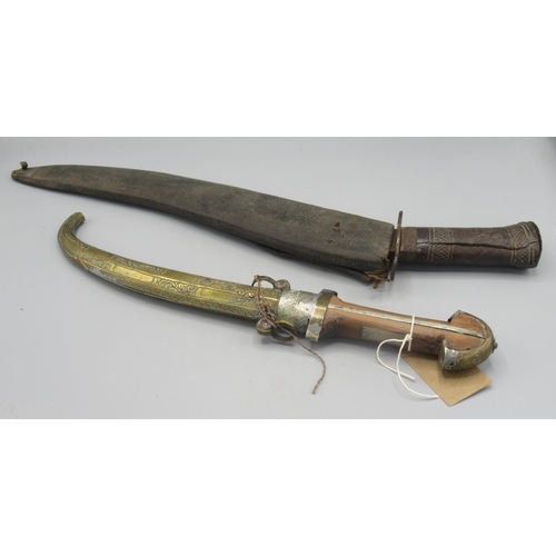 372 - 19th century Moroccan Koummya dagger with wooden hilt and brass scabbard, blade L9''. Also with a la... 