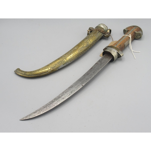 372 - 19th century Moroccan Koummya dagger with wooden hilt and brass scabbard, blade L9''. Also with a la... 