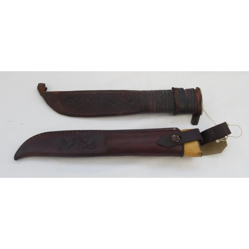 377 - Pair of unmarked Norwegian wooden handled sheath knives, complete with original stitched leather she... 