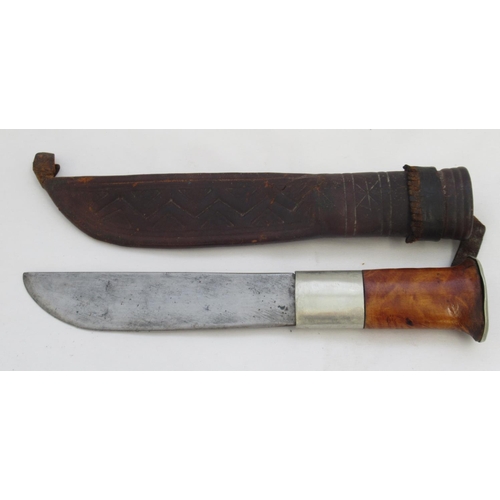 377 - Pair of unmarked Norwegian wooden handled sheath knives, complete with original stitched leather she... 