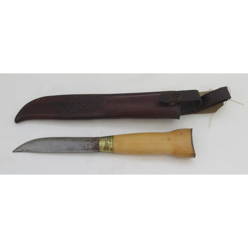 377 - Pair of unmarked Norwegian wooden handled sheath knives, complete with original stitched leather she... 