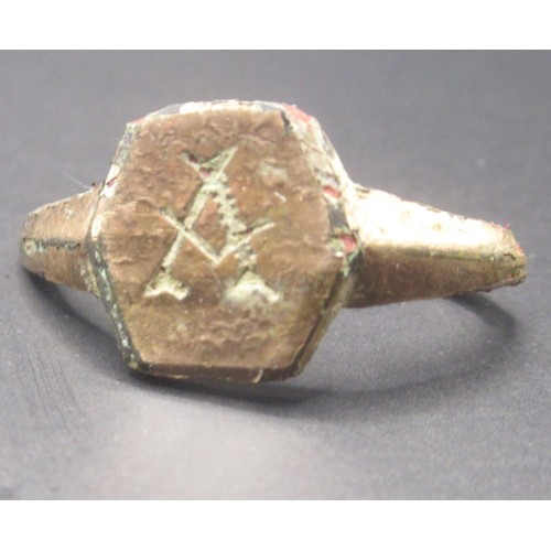 203 - An incomplete gold finger ring of medieval date, c.AD 1200 - 1300. and a cut down Masonic ring

Prov... 