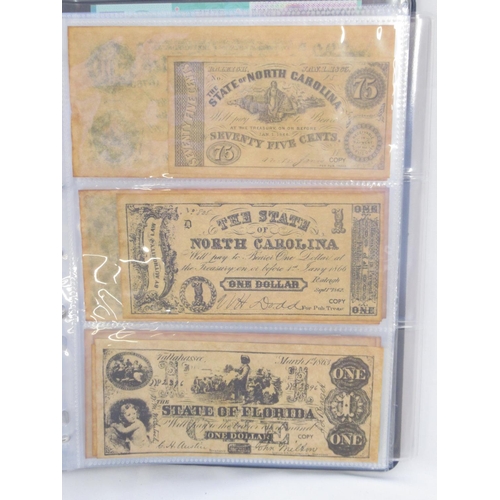 221 - Two folders containing American and other banknotes, to inc. 24 replica Confederate states banknotes... 