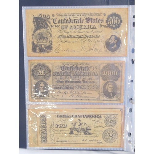 221 - Two folders containing American and other banknotes, to inc. 24 replica Confederate states banknotes... 