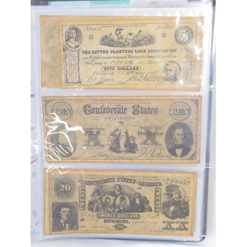 221 - Two folders containing American and other banknotes, to inc. 24 replica Confederate states banknotes... 