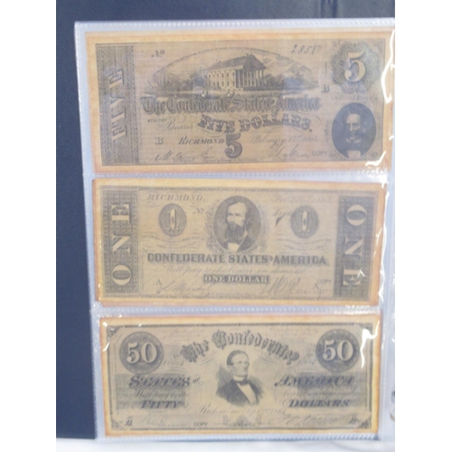 221 - Two folders containing American and other banknotes, to inc. 24 replica Confederate states banknotes... 