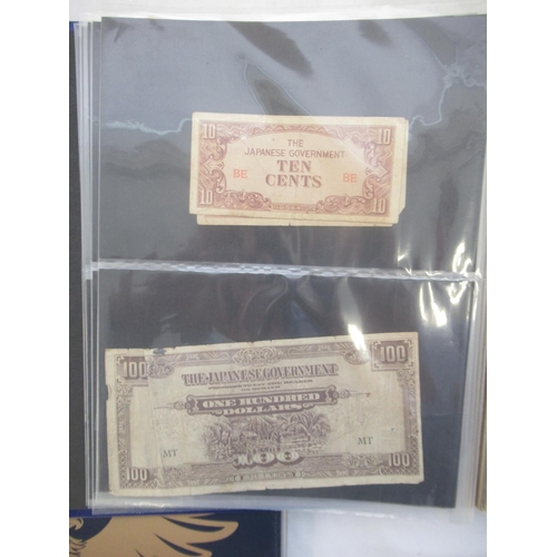 221 - Two folders containing American and other banknotes, to inc. 24 replica Confederate states banknotes... 