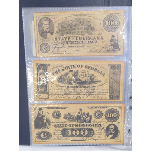 221 - Two folders containing American and other banknotes, to inc. 24 replica Confederate states banknotes... 