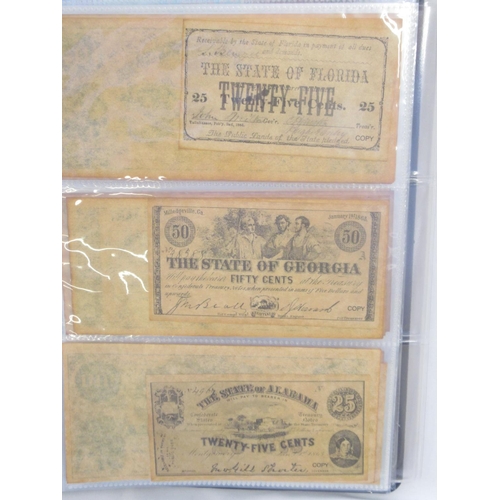 221 - Two folders containing American and other banknotes, to inc. 24 replica Confederate states banknotes... 