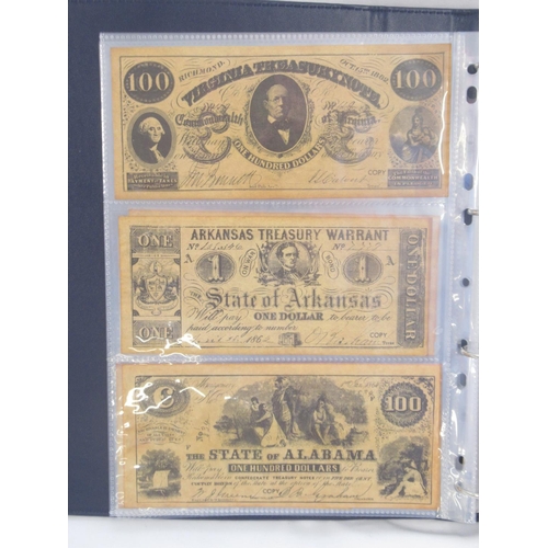 221 - Two folders containing American and other banknotes, to inc. 24 replica Confederate states banknotes... 