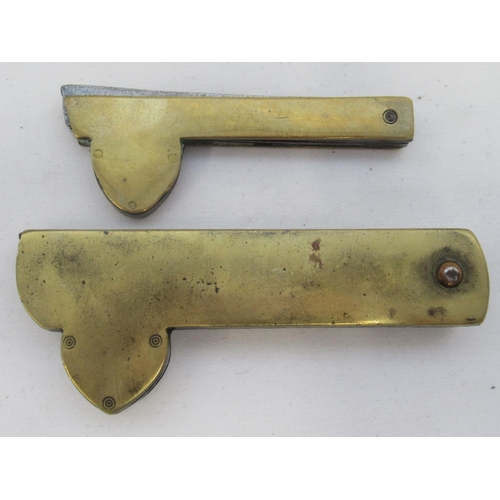 413 - Two sets of c19th century brass handled fleams with 'Ham Cast Steel' and 'Wharton' mark to blades. I... 