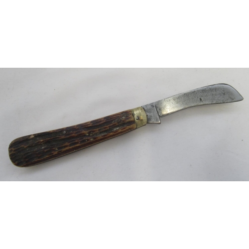 415 - T. Eedham of Sheffield antler handled pruning knife in good condition, with slight gap between blade... 