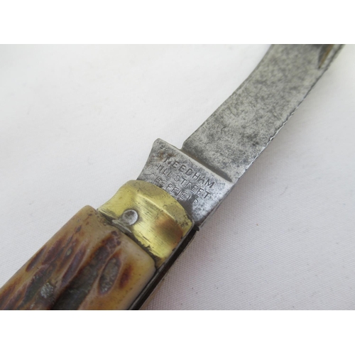 415 - T. Eedham of Sheffield antler handled pruning knife in good condition, with slight gap between blade... 