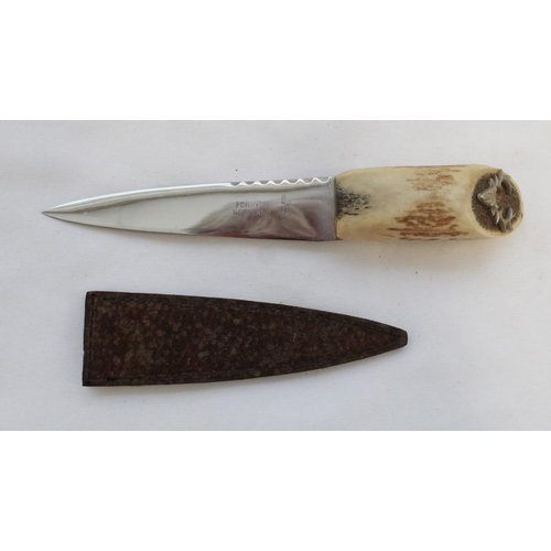 403 - Antler handled Sgian Dubh by Forsyth of Scotland. Grouse foot brooch and another. Five hard stone br... 