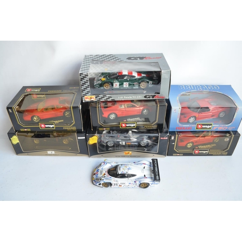 102 - Eight 1/18th scale diecast car models from Burago and Maisto (7x boxed) to include 4x Ferrari's (inc... 