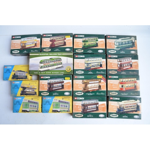 89 - Fifteen boxed Corgi diecast tram models, all appear in at least near mint condition with one excepti... 