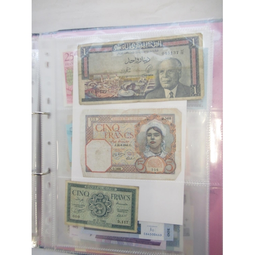 226 - Two folders containing assorted collection of International banknotes from Venezula, Angola, Ghana, ... 