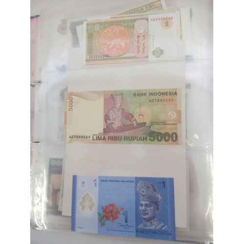 228 - Two folders containing mixed International banknotes from North Korea, Singapore, Indonesia, Malaysi... 