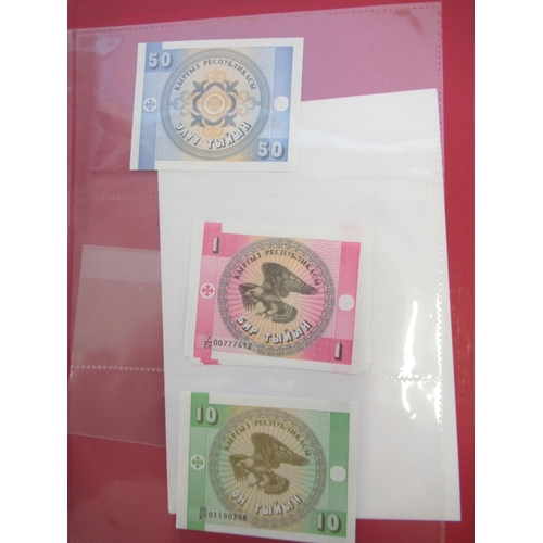 223 - Two folders containing International banknotes from India, Japan, Republic of China, Myanmar, Cambod... 