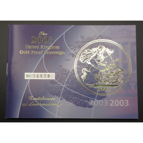 236 - Royal Mint - The 2003 UK Gold Proof Sovereign No.14938/15000, encapsulated in original case with COA