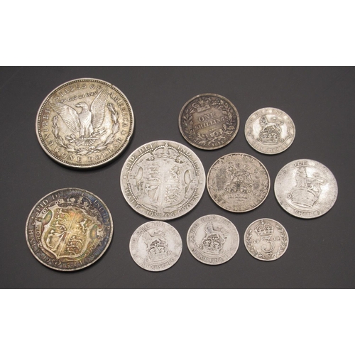 244 - Collection of silver content coins to inc. 1921 $1, 1862 1 shilling, 1906 Half-Crown, 1915 Half-Crow... 