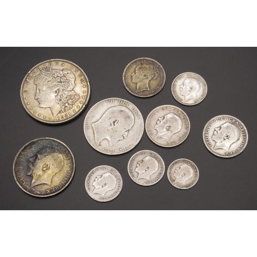 244 - Collection of silver content coins to inc. 1921 $1, 1862 1 shilling, 1906 Half-Crown, 1915 Half-Crow... 