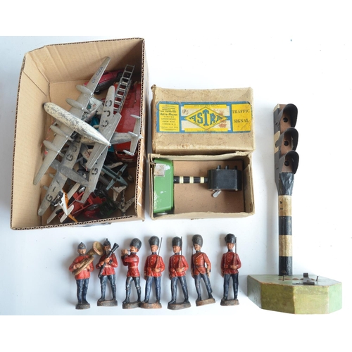 108A - Collection of seven vintage Elastolin toy soldiers (all approx 11cm tall), an Astra metal traffic si... 