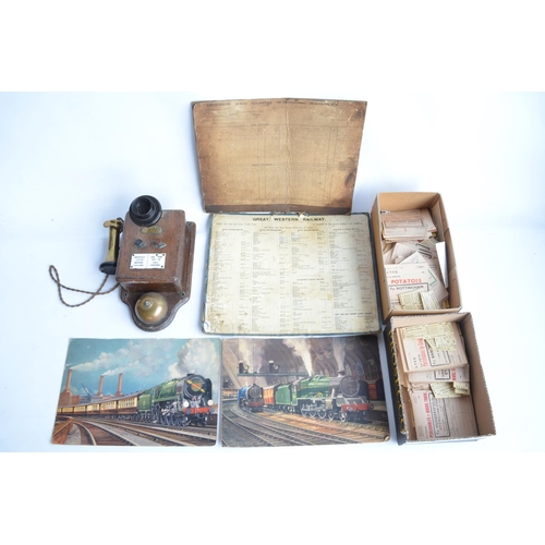 141 - Early railway signal box telephone, 2 boxes of vintage tickets, timetables, wagon/shipment labels et... 