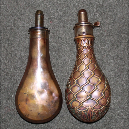 426 - Brass and copper powder flask by Hawksley of Sheffield with net and hanging game birds design. Coppe... 