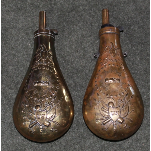 434 - A pair of large, American copper and brass powder flasks, maker unknown, depicting U.S. eagle, shiel... 