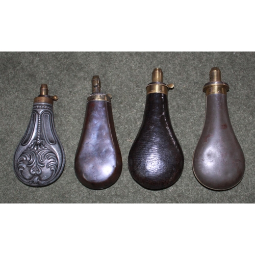 440 - Copper and pewter powder flask with leather covering by Bartram & Co. Brass and pewter powder flask ... 