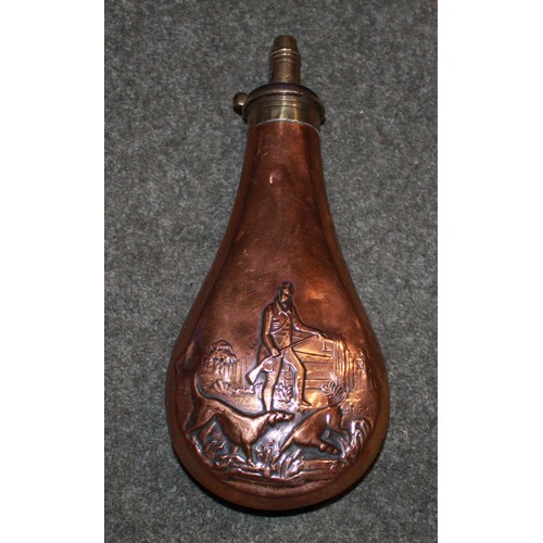 432 - Large, copper and brass powder flask by Dixon & Sons depicting shooter with retrieving dogs