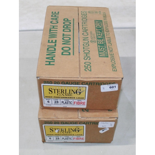 601 - Two boxes of 250 20B cartridges by Sterling, high performance load with fibre wadding (500 Cartridge... 