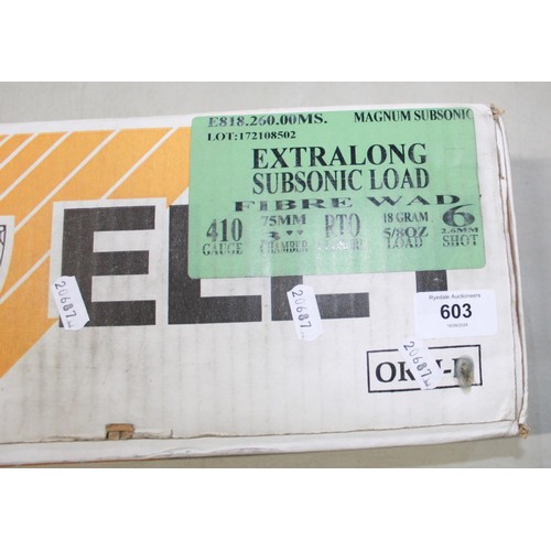 603 - Box of 250 Eley .410B extra long subsonic load cartridges, fibre wad  (Shotgun certificate required)